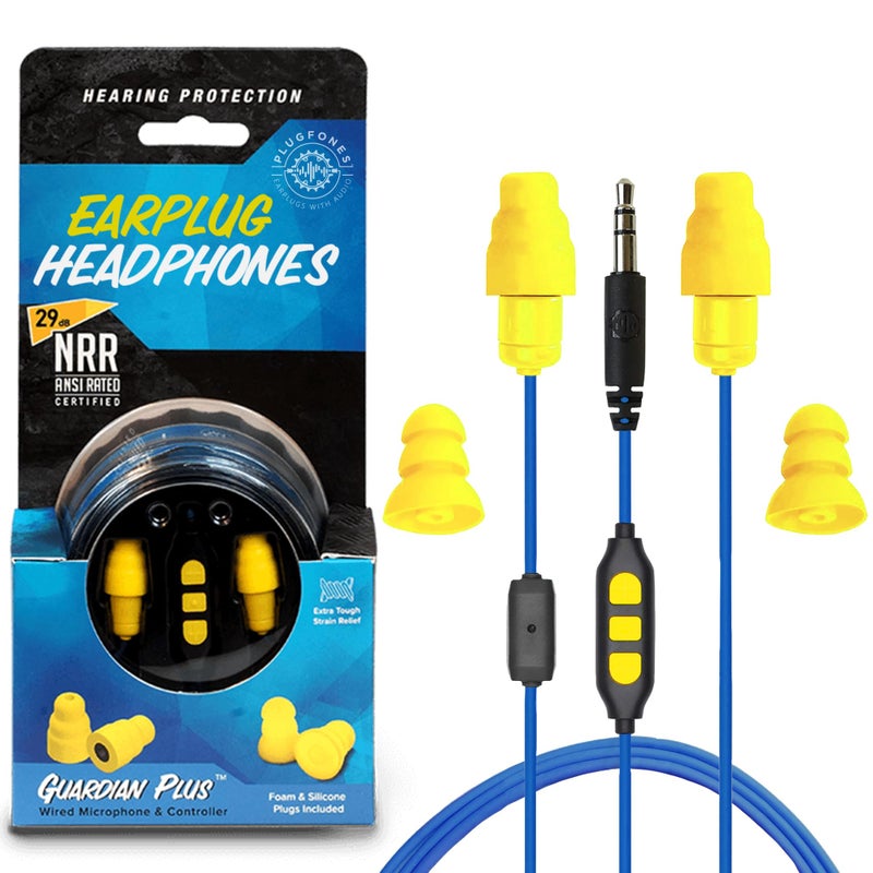 Plugfones Guardian Plus in-Ear Earplug Earbud Hybrid - Noise Reduction in-Ear Headphones with Noise Isolating Mic and Controls (Yellow & Blue) - Image 1